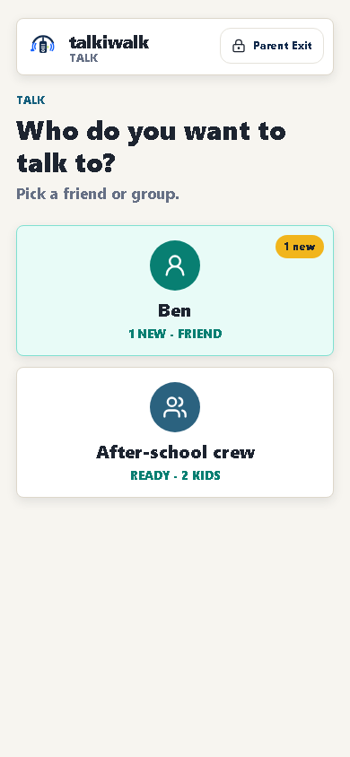 talkiwalk kid home showing approved contacts and group options