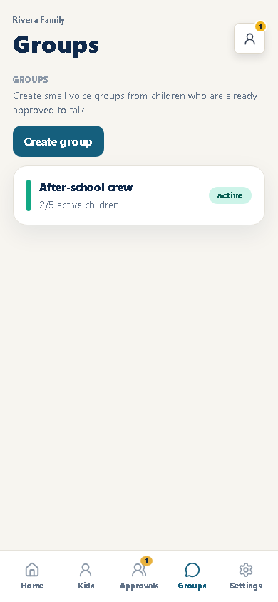 talkiwalk parent groups screen showing small approved groups