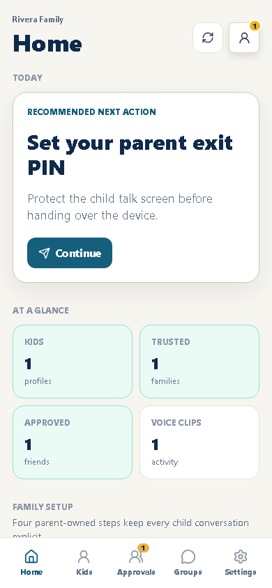 talkiwalk Parent Home showing children, pending approvals, and history