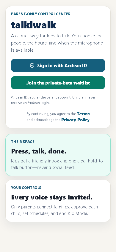 talkiwalk signed out screen with Andean ID parent sign in